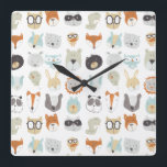 Friendly Faces | Cute Animal Portraits Square Wall Clock<br><div class="desc">This watercolor print features cute animal faces | By June Erica Vess</div>