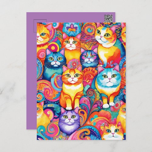 Friendly Feline Faces Colorful Cat Art Postcard