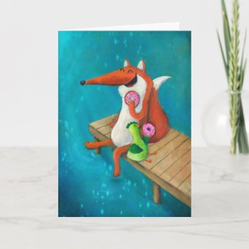 Friendly Fox And Chicken Eating Donuts Card by colonelle at Zazzle