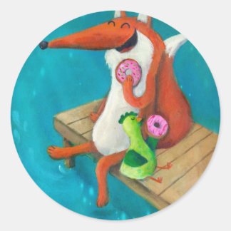 Friendly Fox and Chicken eating donuts Classic Round Sticker