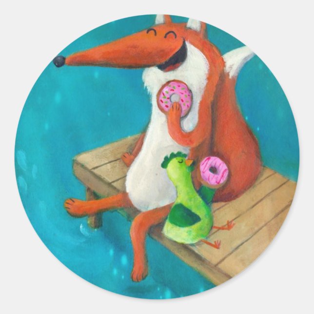 Friendly Fox and Chicken eating donuts Classic Round Sticker (Front)