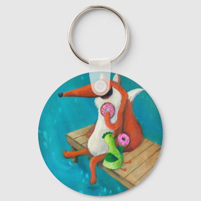 Friendly Fox and Chicken eating donuts Keychain (Front)
