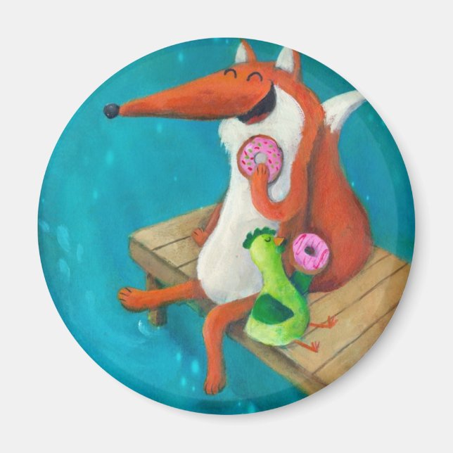 Friendly Fox and Chicken eating donuts Magnet (Front)