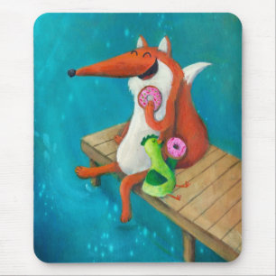 Friendly Fox and Chicken eating donuts Mouse Pad