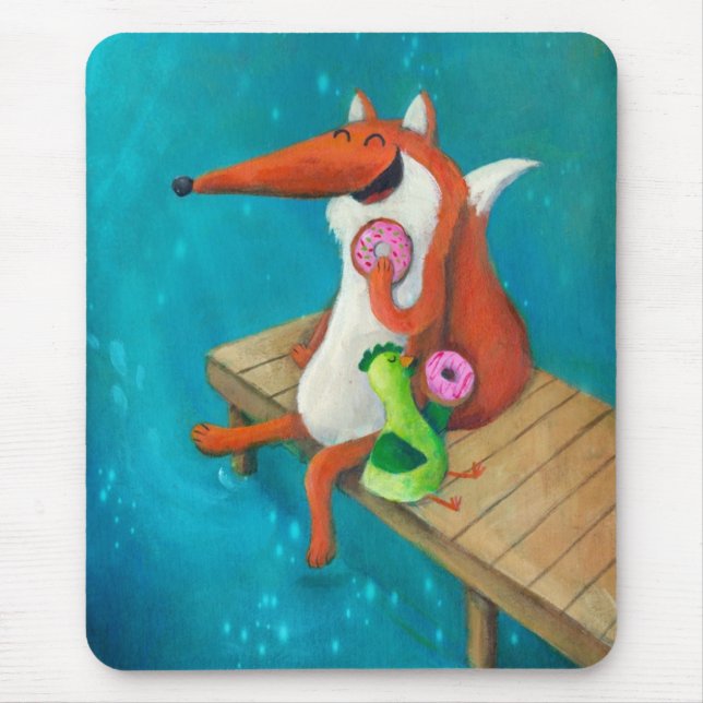 Friendly Fox and Chicken eating donuts Mouse Pad (Front)
