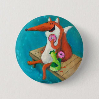 Friendly Fox and Chicken eating donuts Pinback Button