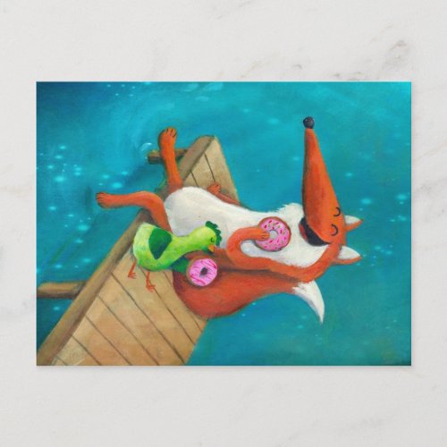 Friendly Fox and Chicken eating donuts Postcard