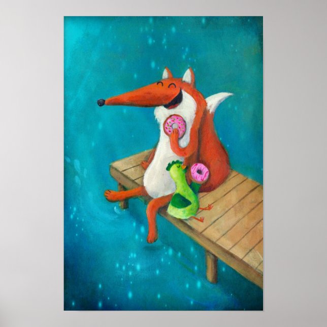 Friendly Fox and Chicken eating donuts Poster (Front)