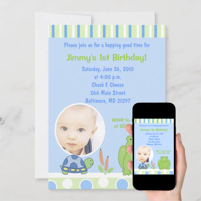 Friendly Frog &amp; Turtle Photo Birthday Invitation | Zazzle