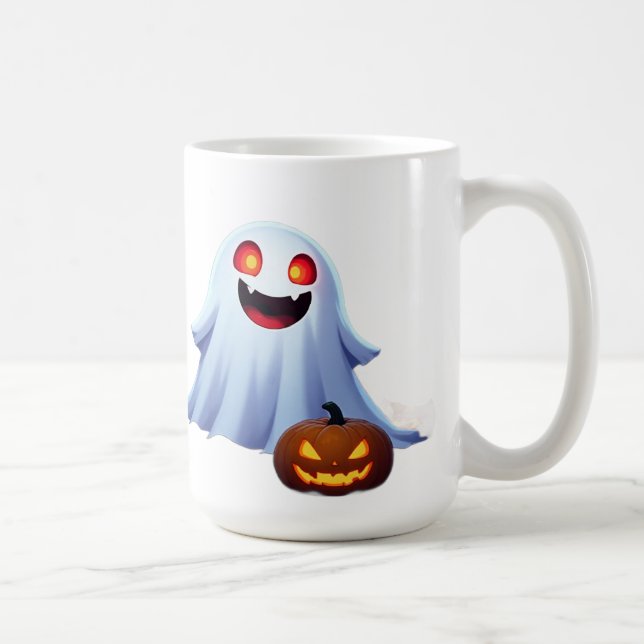 Friendly Ghost Among Jack O Lanterns Halloween Fun Coffee Mug (Right)