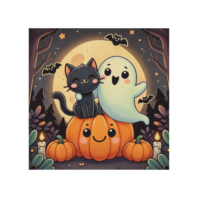 Friendly Ghost and Cat Halloween Night Wood Wall Art (Front)