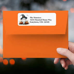 Friendly Ghost Black Witch's Hat & Bats Halloween Label