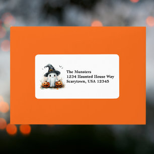 Friendly Ghost Black Witch's Hat & Bats Halloween Label