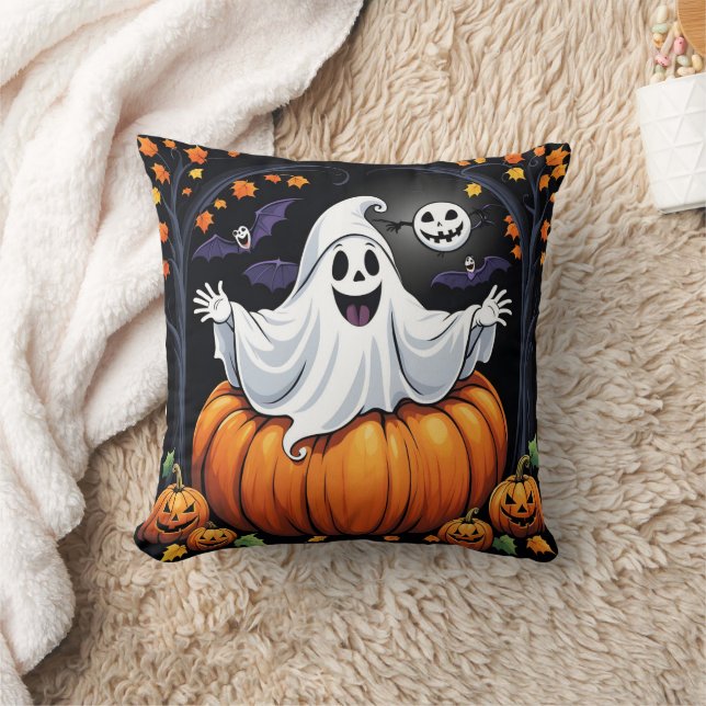 Friendly ghost celebrating Halloween in a pumpkin Throw Pillow (Blanket)