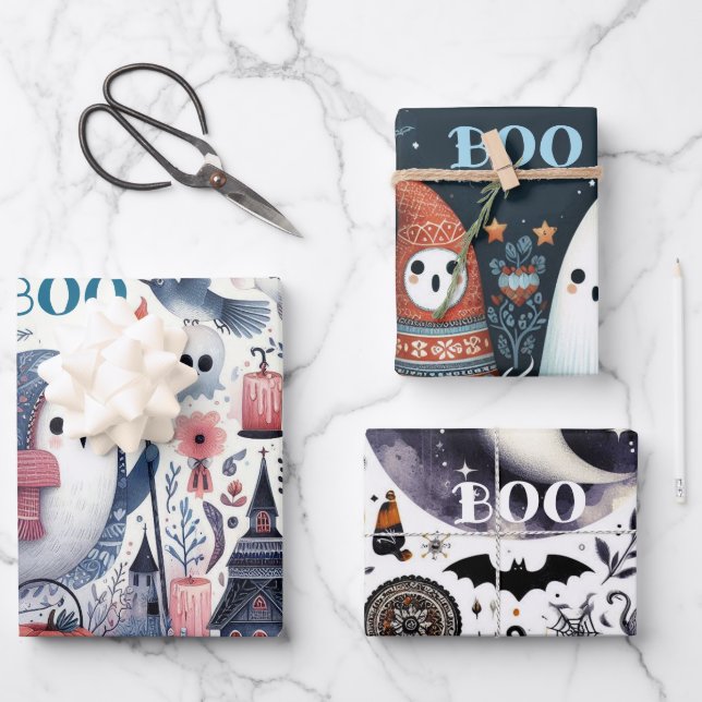 Friendly Ghost Halloween Boo Decoupage Shabby Chic Wrapping Paper Sheets (Front)