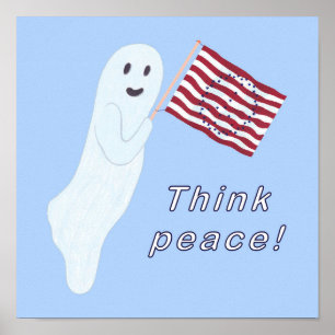Friendly ghost holding U.S. flag with peace sign