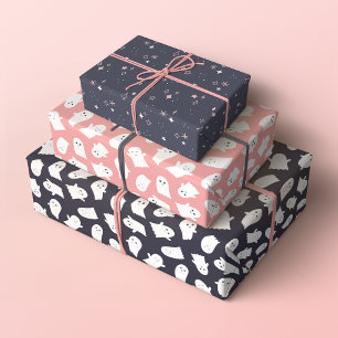 Friendly Ghosts and Sparkles Halloween Patterns Wrapping Paper Sheets