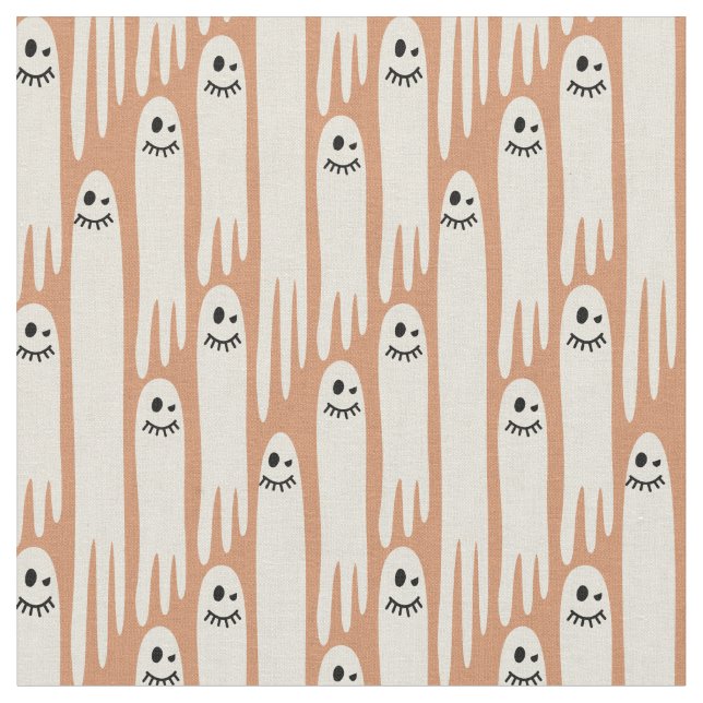 Friendly Ghosts on Cream and orange – Halloween Fabric (Close Up)