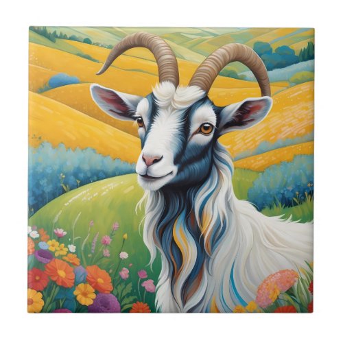 Friendly Goat With Colorful Vibrant Hills Ceramic Tile