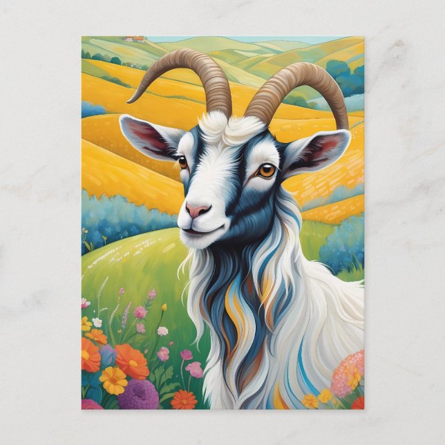 Friendly Goat With Colorful Vibrant Hills Postcard (Front)