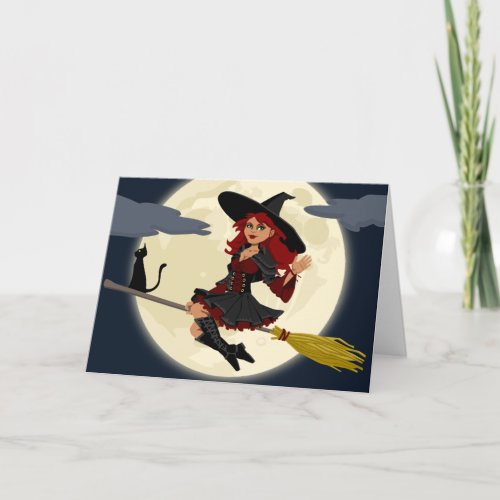 Friendly halloween witch on broom and black cat card