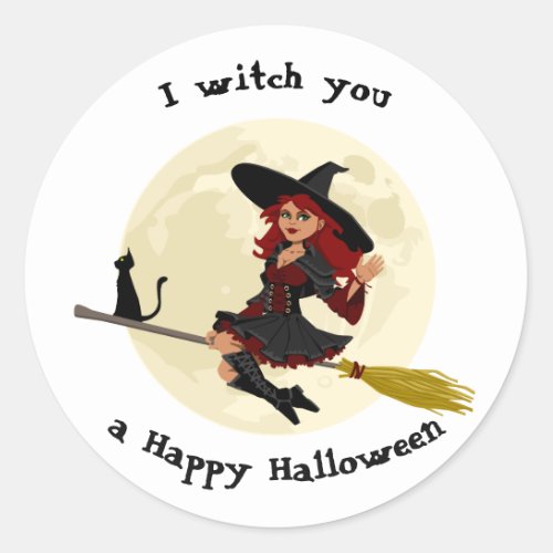 Friendly halloween witch on broom and black cat classic round sticker