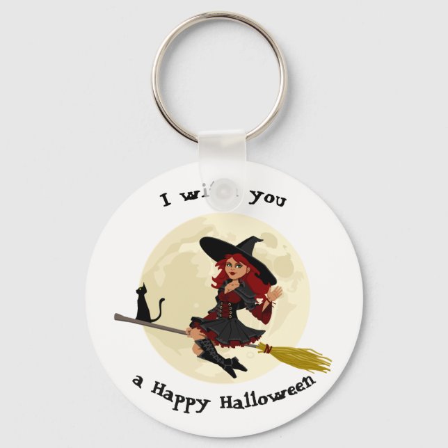 Friendly halloween witch on broom and black cat keychain (Front)