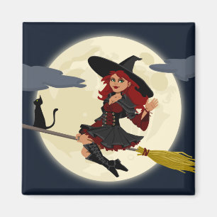 Friendly halloween witch on broom and black cat magnet