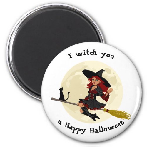 Friendly halloween witch on broom and black cat magnet