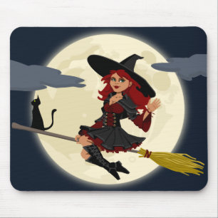Friendly halloween witch on broom and black cat mouse pad
