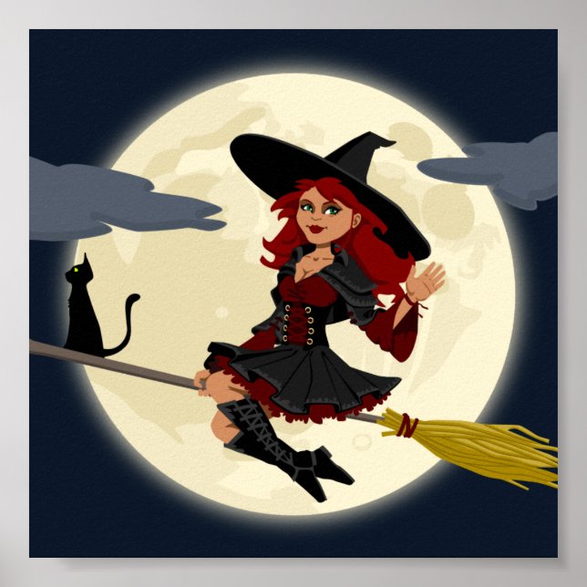 Friendly halloween witch on broom and black cat poster (Front)