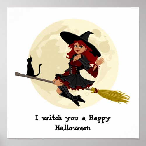 Friendly halloween witch on broom and black cat poster