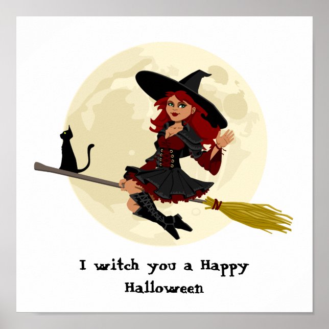 Friendly halloween witch on broom and black cat poster (Front)