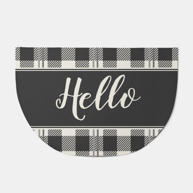 Friendly Hello Buffalo Plaid Round Design Doormat (Front)