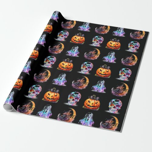 Friendly Icons Grid Halloween Black Fun Holiday  Wrapping Paper