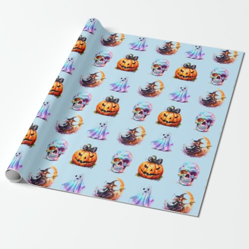 Friendly Icons Grid Halloween Blue Fun Holiday  Wrapping Paper