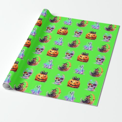 Friendly Icons Grid Halloween Green Fun Holiday  Wrapping Paper