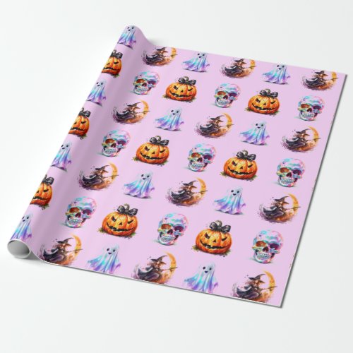 Friendly Icons Grid Halloween Pink Fun Holiday  Wrapping Paper