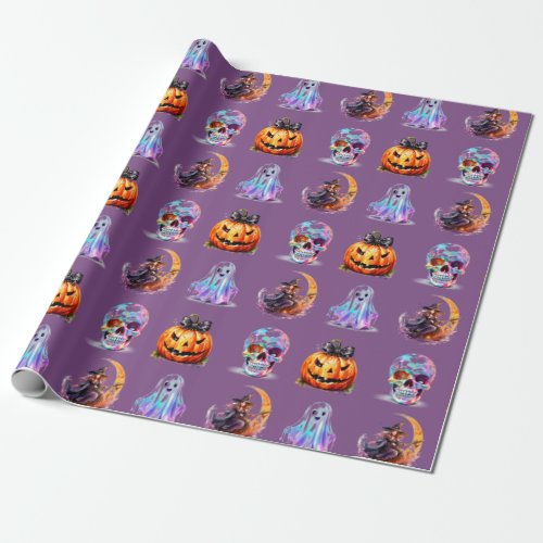 Friendly Icons Grid Halloween Purple Fun Holiday  Wrapping Paper