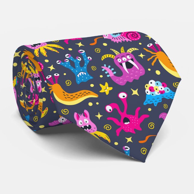 Friendly monsters from black outer space neck tie (Rolled)