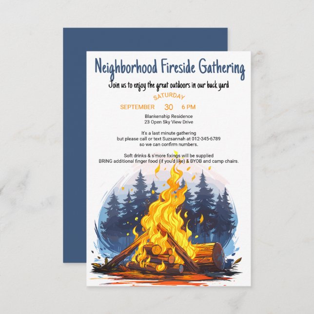 Friendly Neighborhood Fireside Gathering  Invitation (Front/Back)