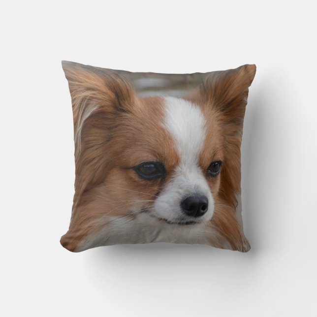 Friendly Papillon Puppy Dog Throw Pillow (Front)