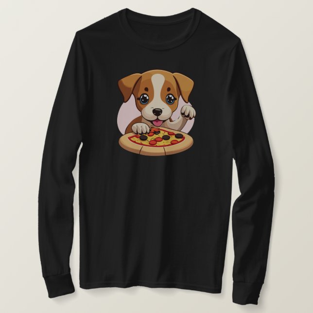 Friendly Puppy Inviting You to Share Pizza T-Shirt (Design Front)