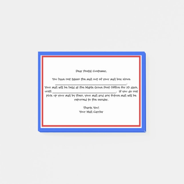"Friendly Reminder" for postal carriers Post-it Notes (Front)