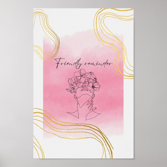Friendly Reminder Watercolor & Line Art Hot Pink Poster (Front)