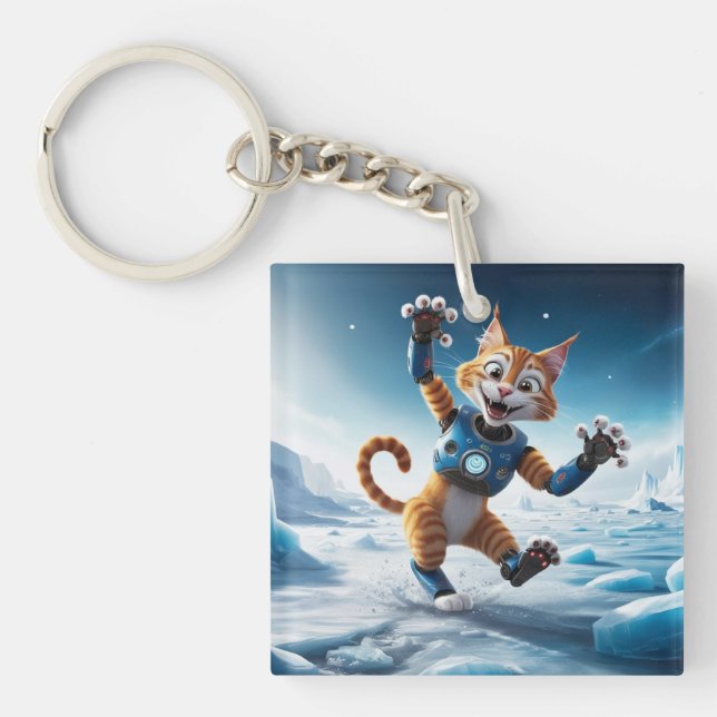 Friendly robot cat on another icy planet keychain (Front)