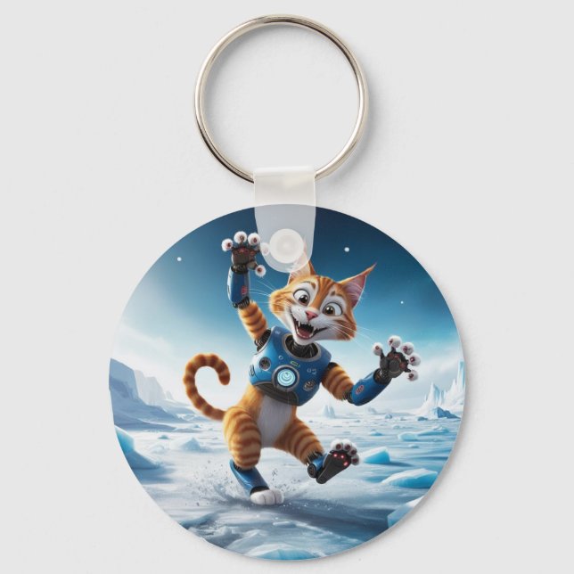 Friendly robot cat on another icy planet keychain (Front)