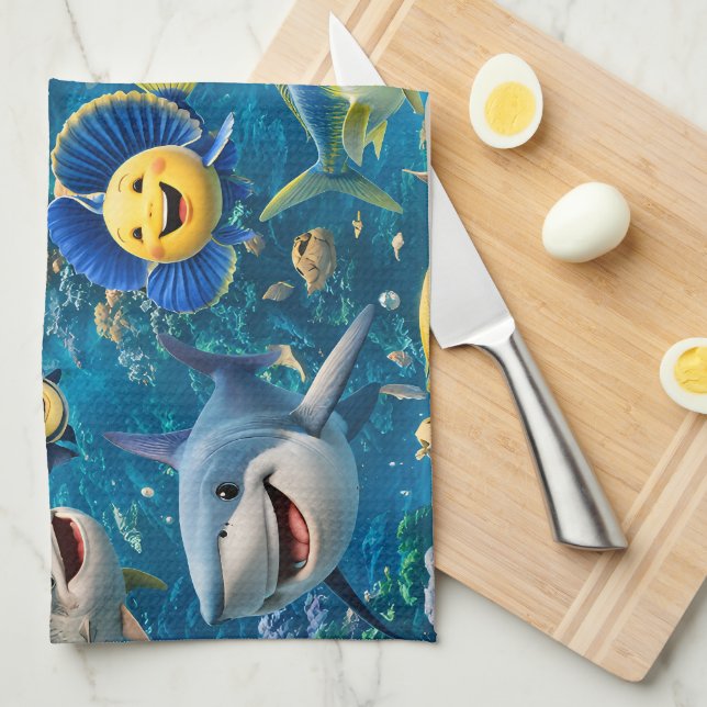 Friendly shark and friends underwater tea towel (Quarter Fold)