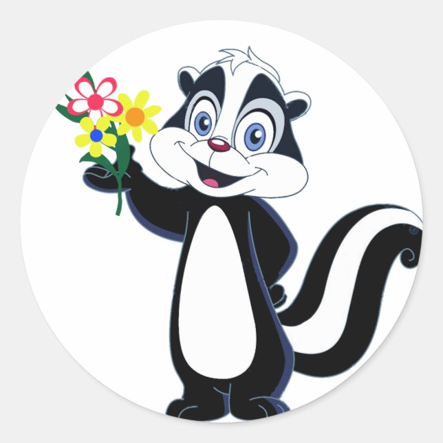 Friendly Skunk with Flowers Classic Round Sticker (Front)