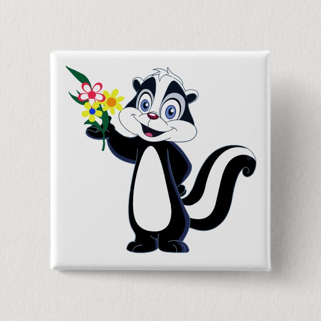 Friendly Skunk with Flowers Pinback Button (Front)